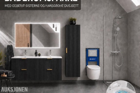 Komplett baderomspakke ADEL BLACK 120 cm – dobbelservant, Geberit, vegghengt toalett og Hansgrohe  